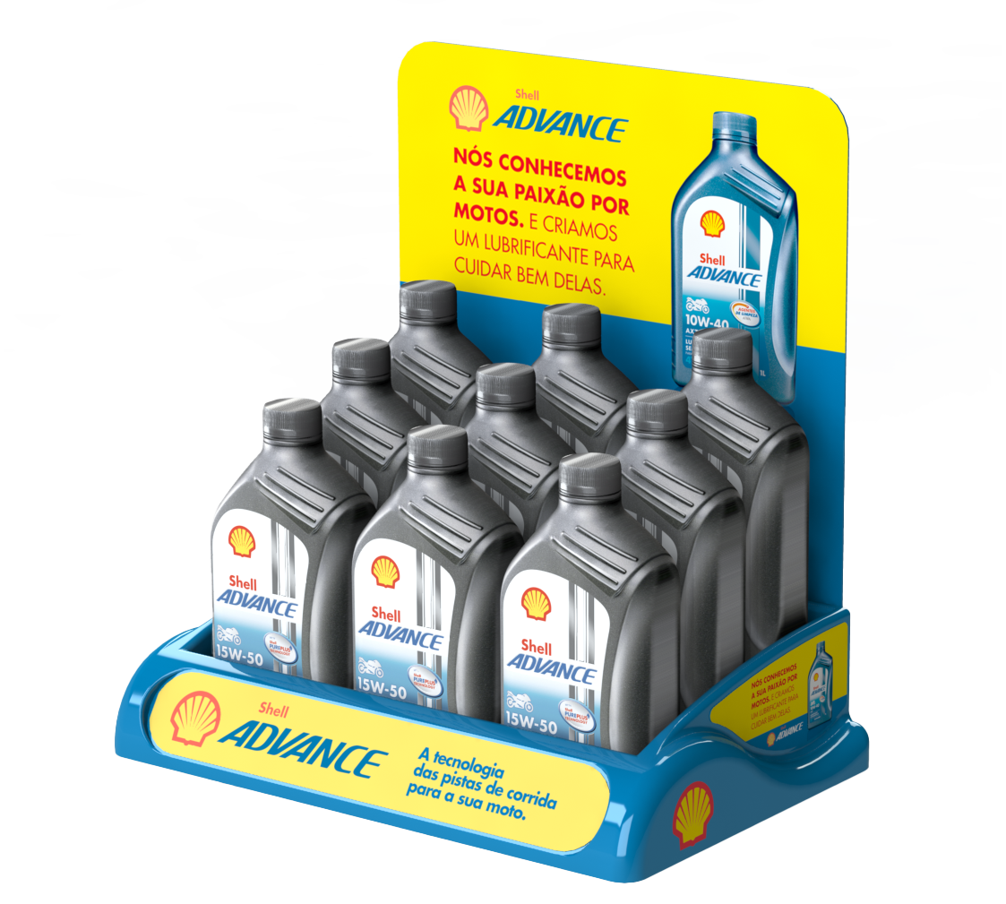 Display Shell Advance montado com produtos no balcão