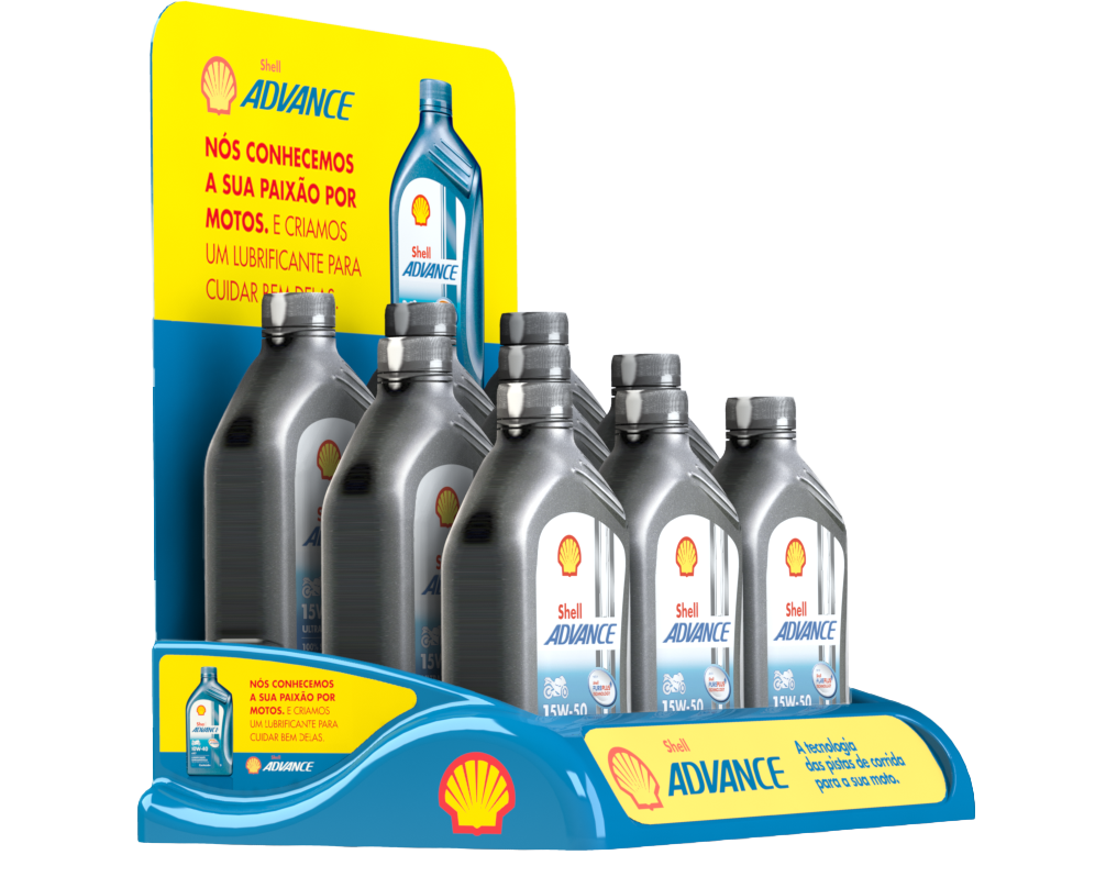 Display Shell Advance com garrafas de lubrificante em arquibancada